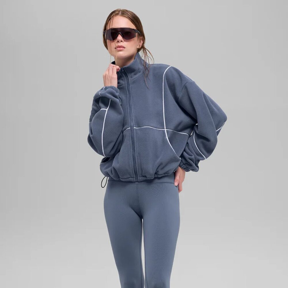 ALO Yoga Blue Teddy Jacket with White Piping